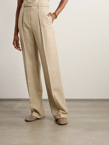 Loro Piana Edward belted pleated raw silk wide-leg pants