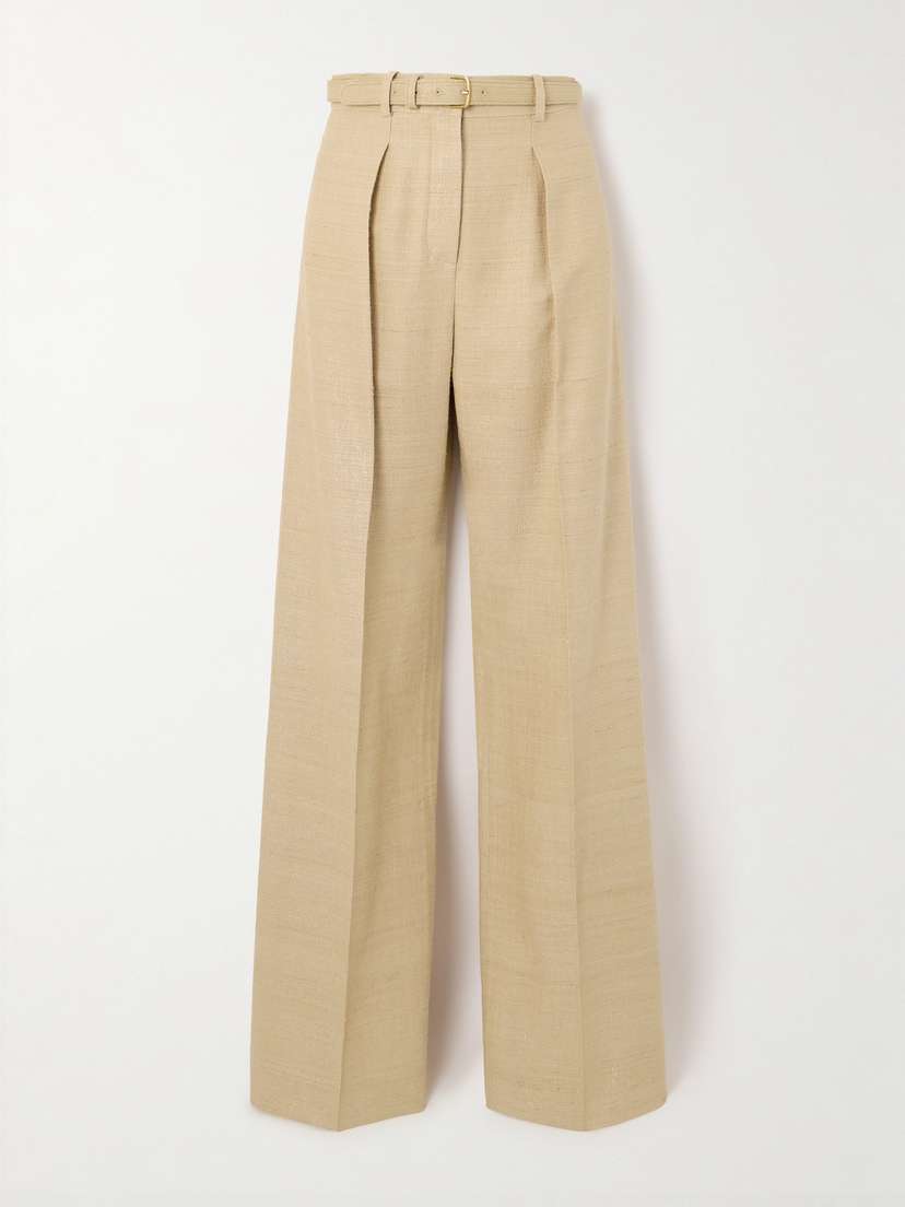 Loro Piana Edward Belted Pleated Raw Silk Wide-leg Pants