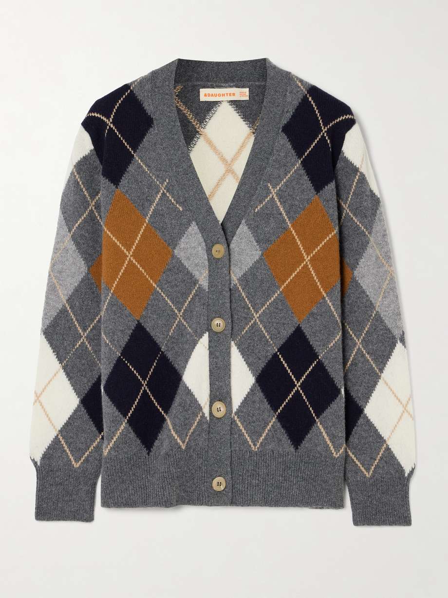 Patterned in traditional Argyle, &Daughter’s cardigan has a timeless, heritage feel. It's knitted from soft, mid-weight wool in a relaxed shape with ribbed edges.