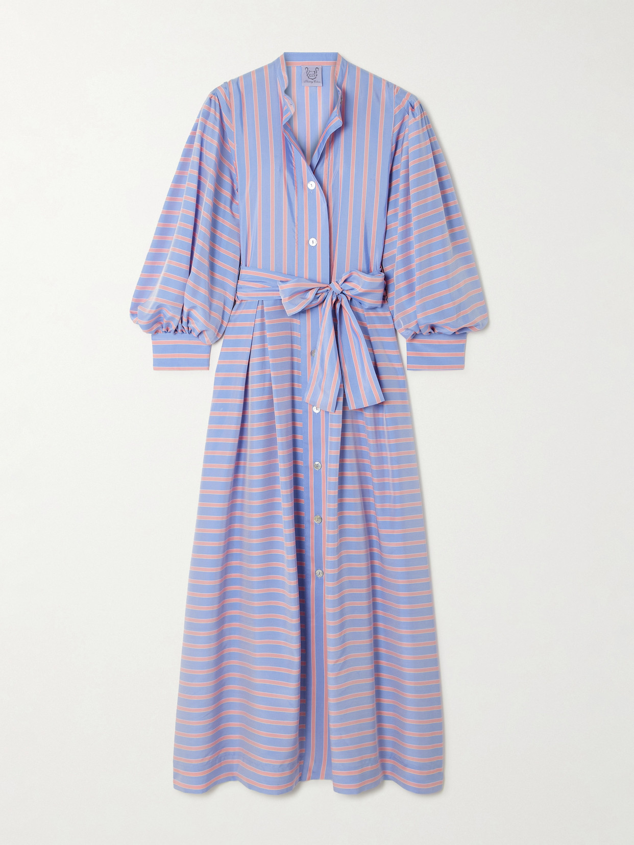Thierry Colson The Yvonne Belted Striped Silk Maxi Shirt Dress In Blue