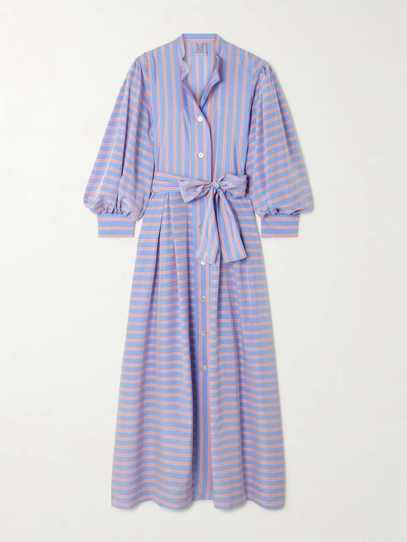 Thierry Colson The Yvonne Belted Striped Silk Maxi Shirt Dress
