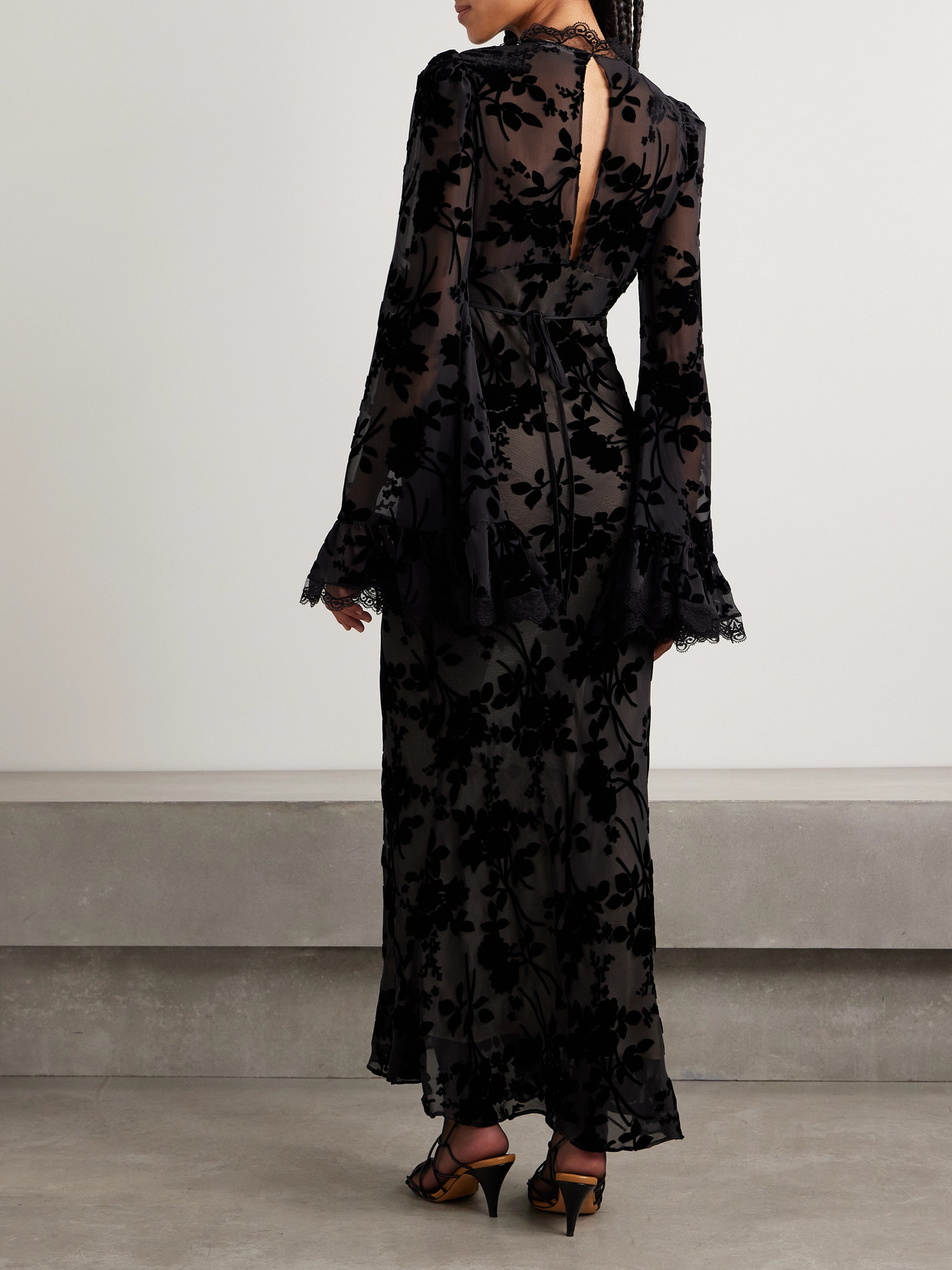 Rodarte Cotton-blend Lace-trimmed Devoré-chiffon Maxi Dress In Black