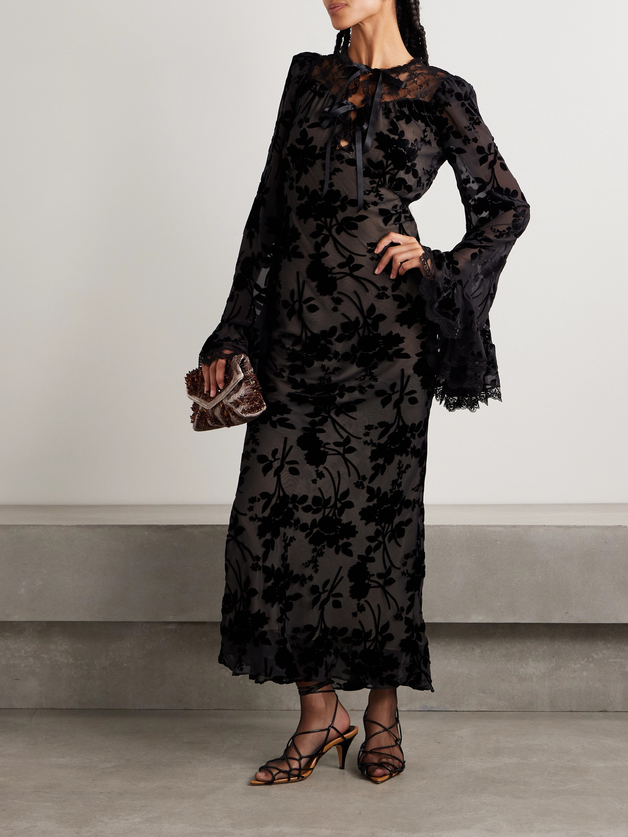 Rodarte Cotton-blend Lace-trimmed Devoré-chiffon Maxi Dress In Black