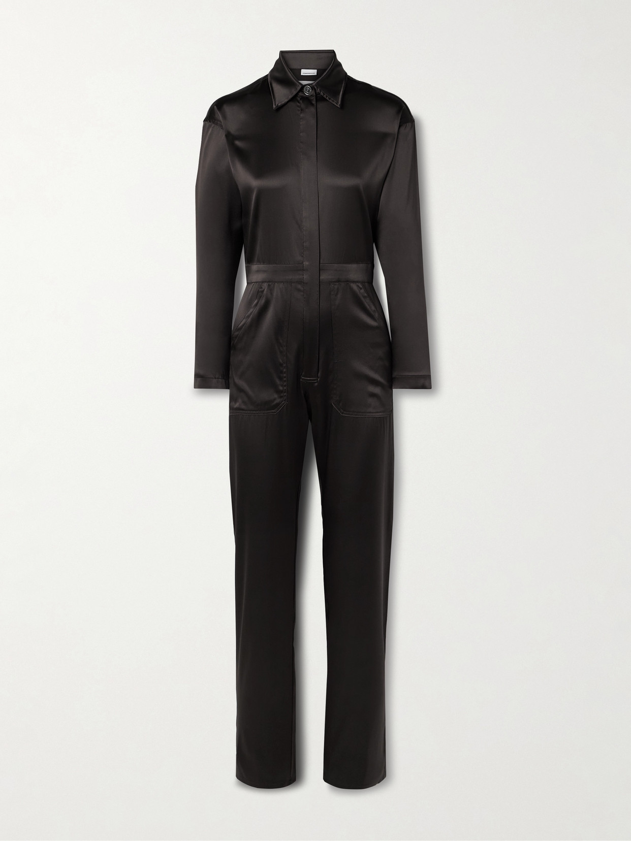 Rivet Utility Powerhouse Silk-blend Satin Jumpsuit In Brown