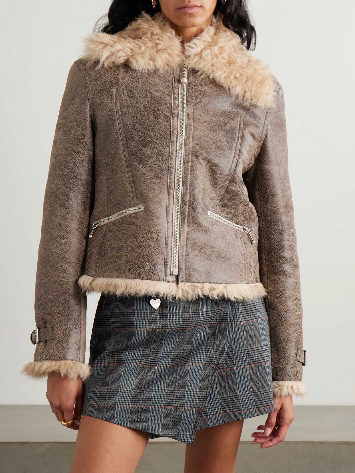 Acne Studios Distressed Shearling Jacket In Gray