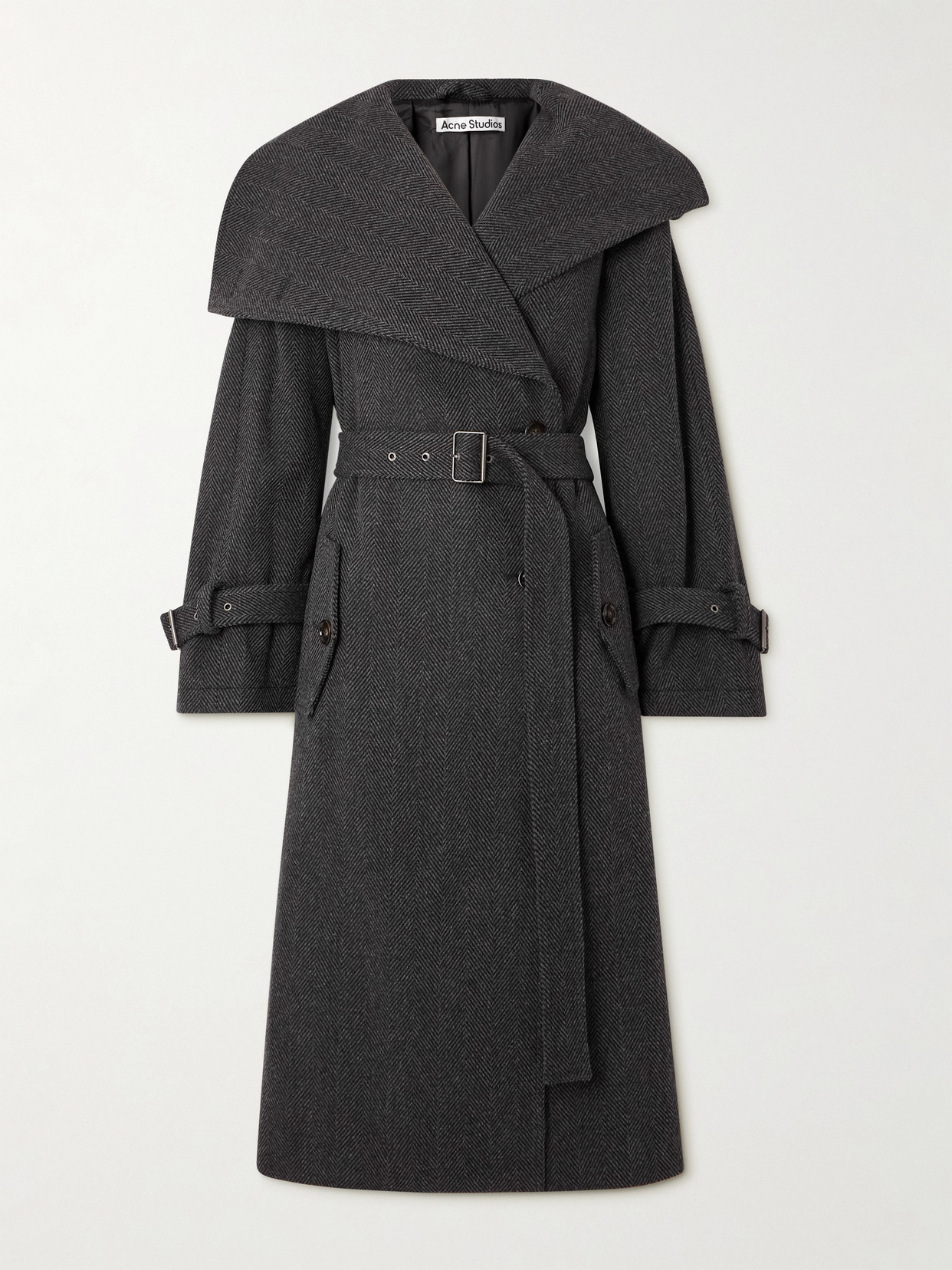 Acne Studios Oversized Belted Herringbone Wool-blend Coat In Black