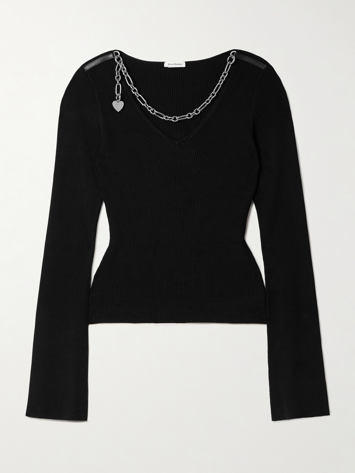 Acne Studios Chain-embellished Leather-trimmed Ribbed-knit Jumper In Black