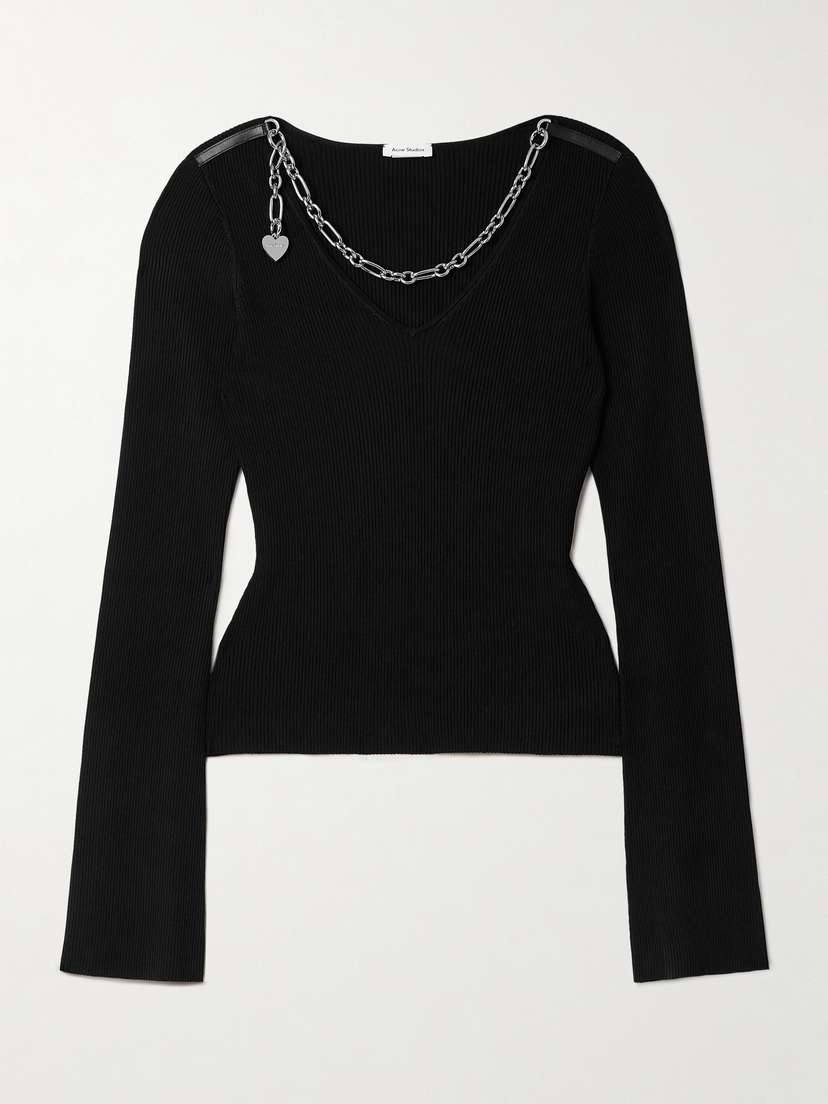 Acne Studios Chain-embellished Leather-trimmed Ribbed-knit Sweater