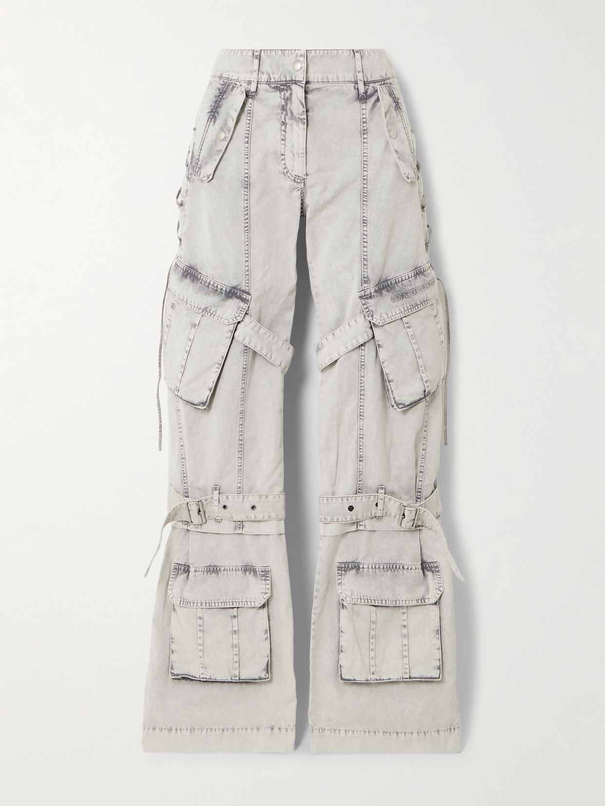 Acne Studios Buckled Tie-detailed Cotton-twill Wide-leg Trousers In Grey