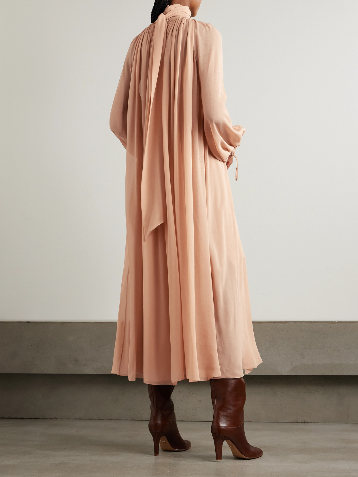 Chloé High-neck Tie Long-sleeve Silk Gown In Beige