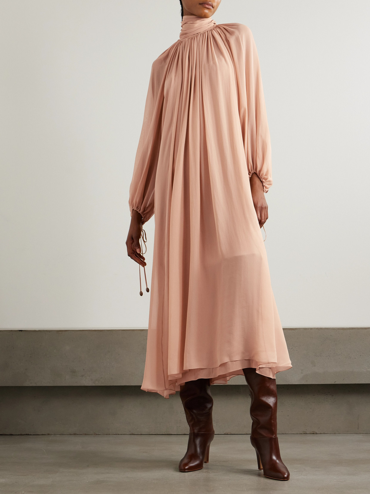 Chloé High-neck Tie Long-sleeve Silk Gown In Beige