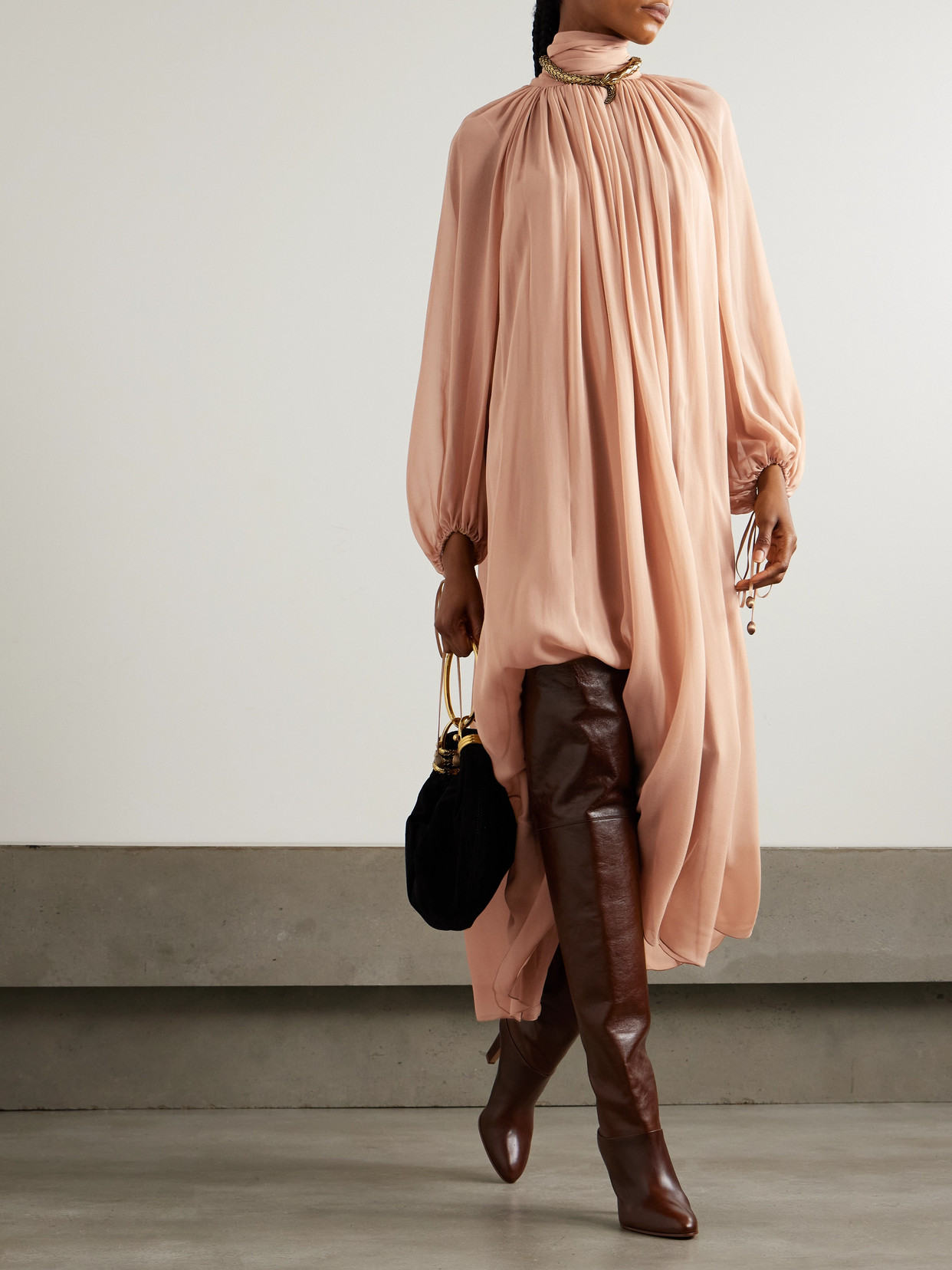 Chloé High-neck Tie Long-sleeve Silk Gown In Beige