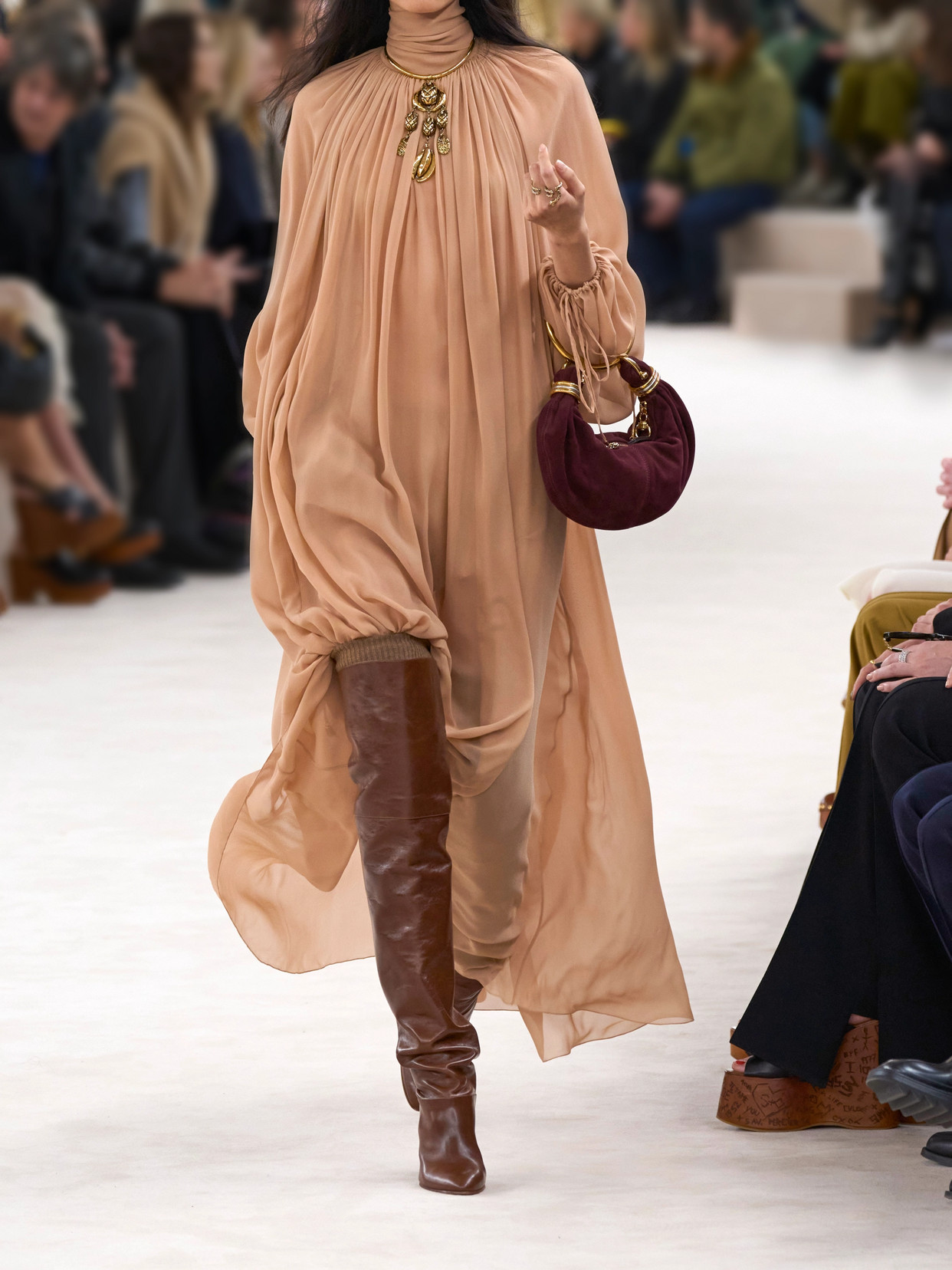 Chloé High-neck Tie Long-sleeve Silk Gown In Beige