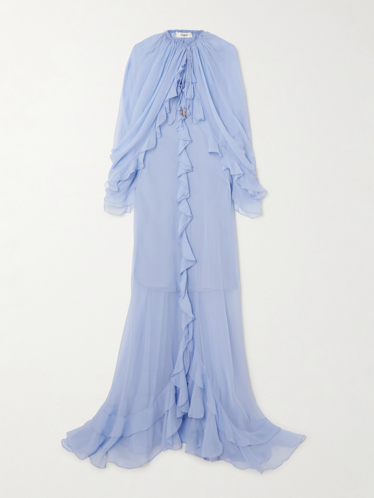 Chloé Robe Cape Longue Volantée En Mousseline De Soie Femme Bleu Taille 38 100% Soie In Blue