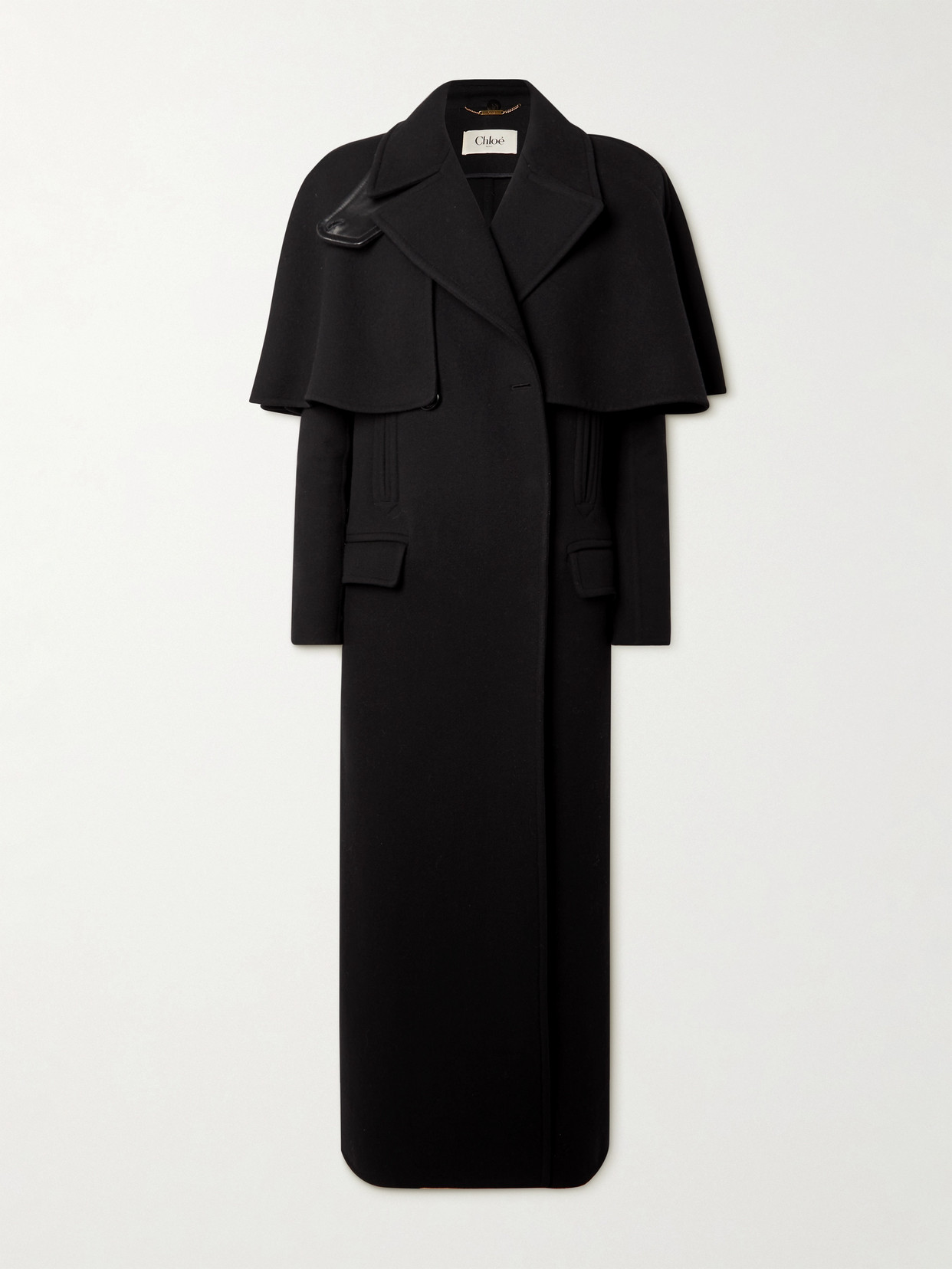 Chloé Cape-effect Double-breasted Leather-trimmed Wool Coat In Black