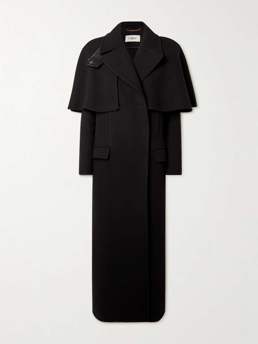 Chloé Cape-effect Double-breasted Leather-trimmed Wool Coat