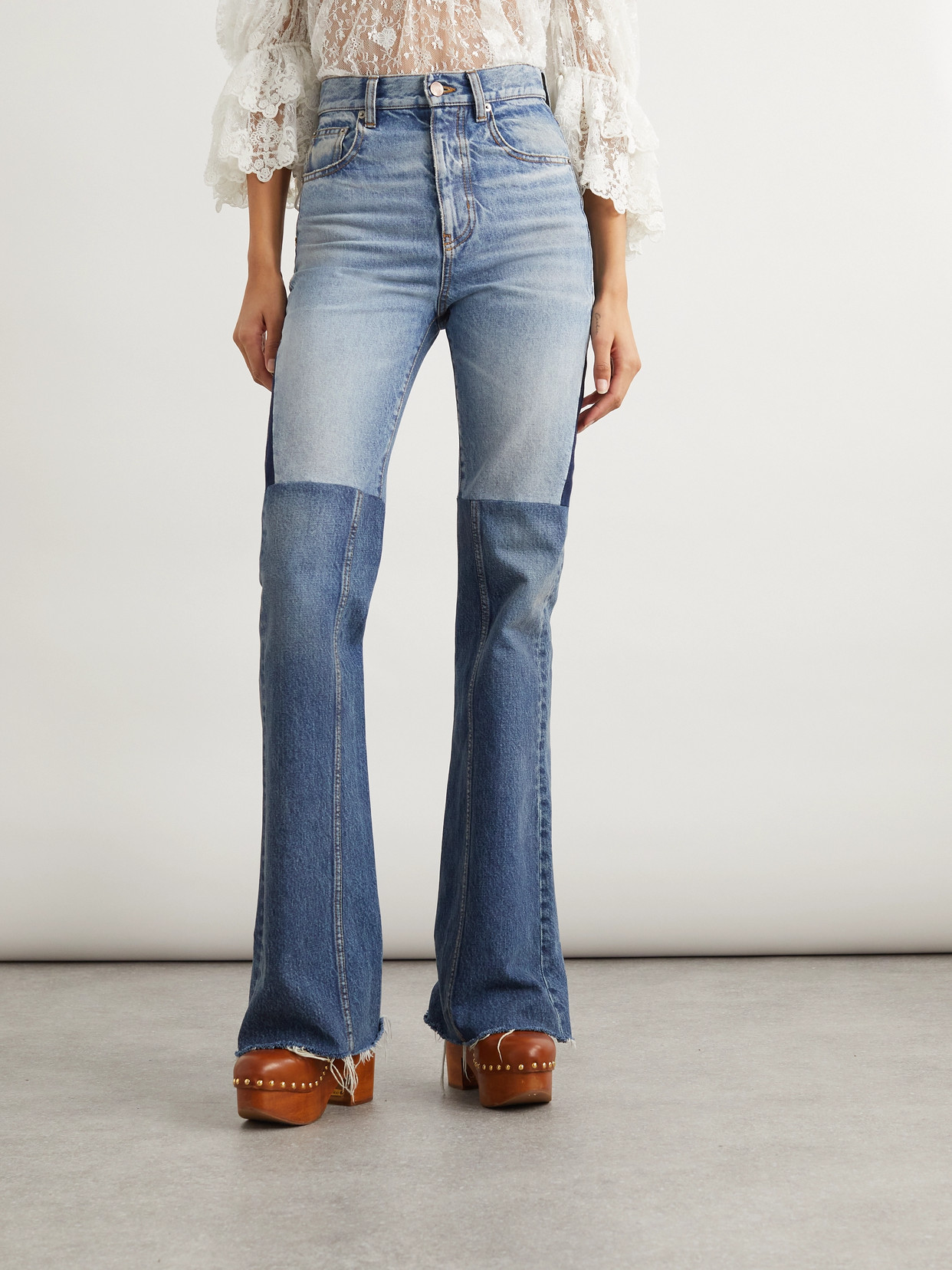 Chloé Patchwork Rigid High-rise Flared-leg Jeans In Blue