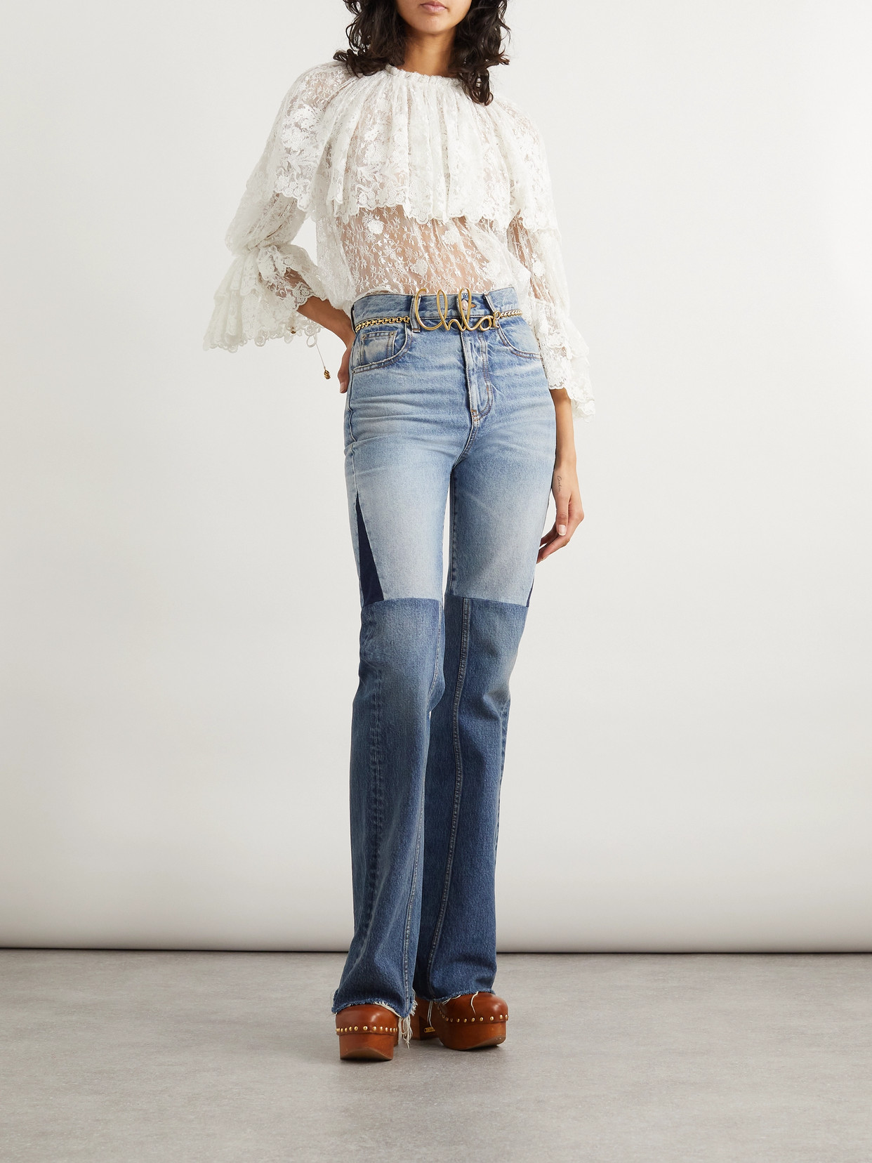Chloé Patchwork Rigid High-rise Flared-leg Jeans In Blue