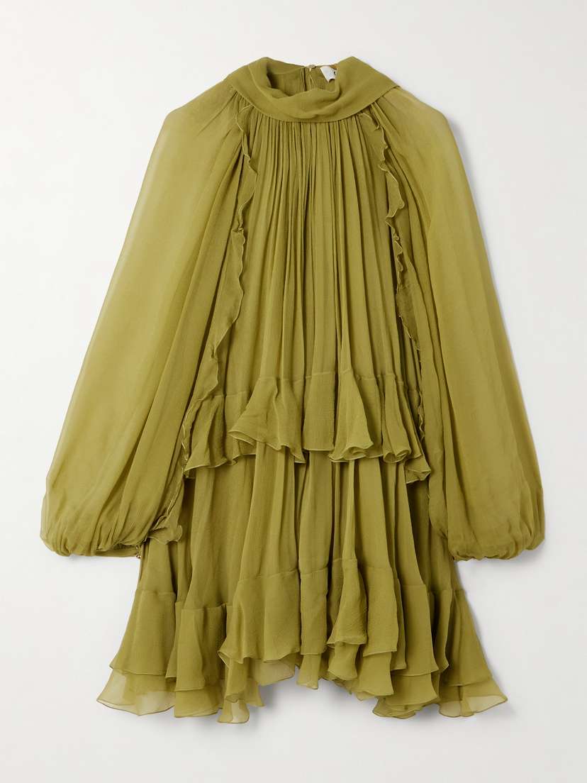 Chloé Ruffled Silk-mousseline Turtleneck Mini Dress