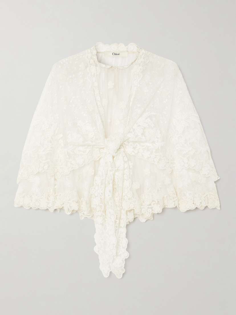 Chloé Cape-effect Knotted Lace Blouse