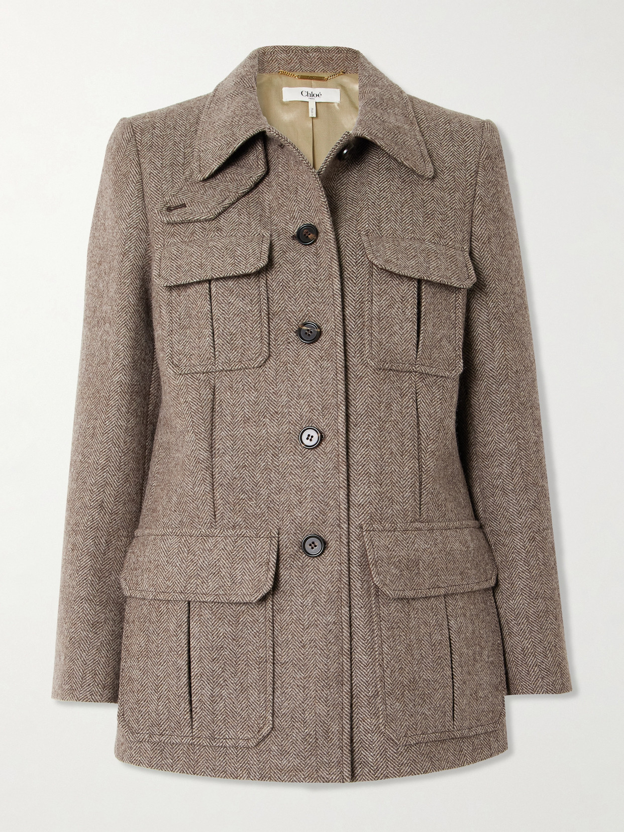 CHLOÉ LEATHER-TRIMMED HERRINGBONE WOOL JACKET