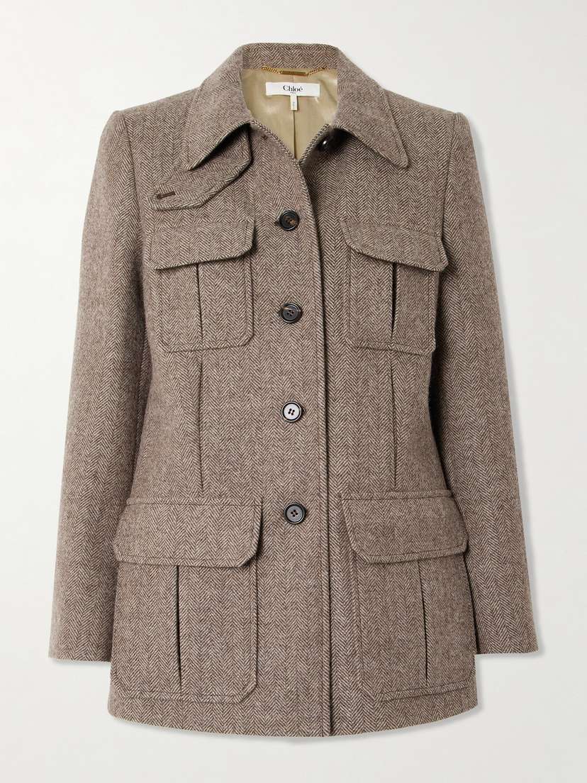 Chloé Leather-trimmed Herringbone Wool Jacket