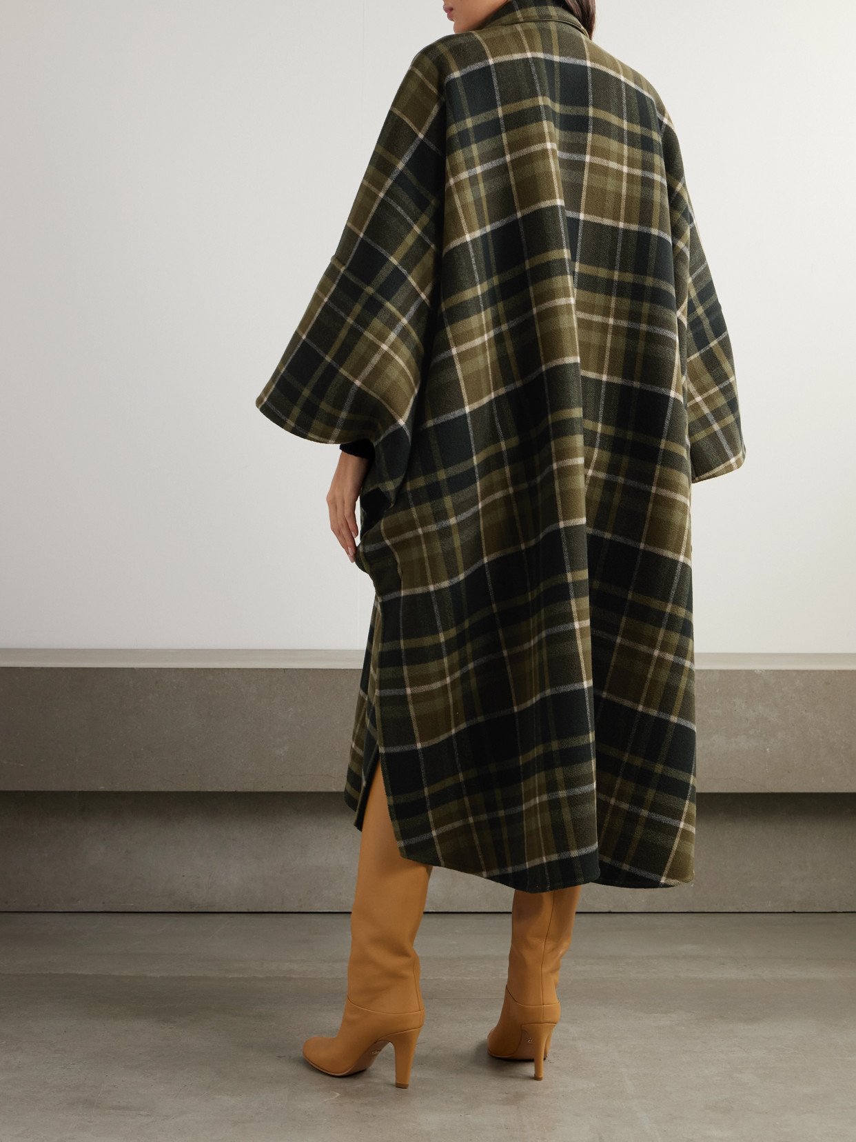Chloé Oversized Leather-trimmed Checked Wool-blend Flannel Coat In Green