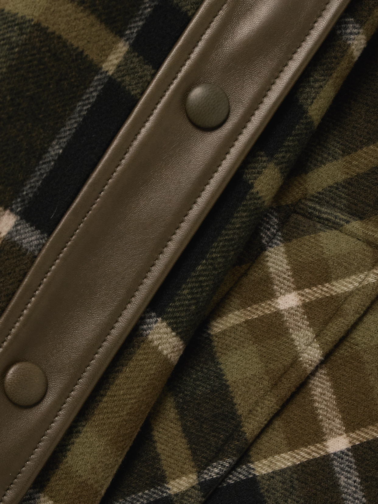 Chloé Oversized Leather-trimmed Checked Wool-blend Flannel Coat In Green