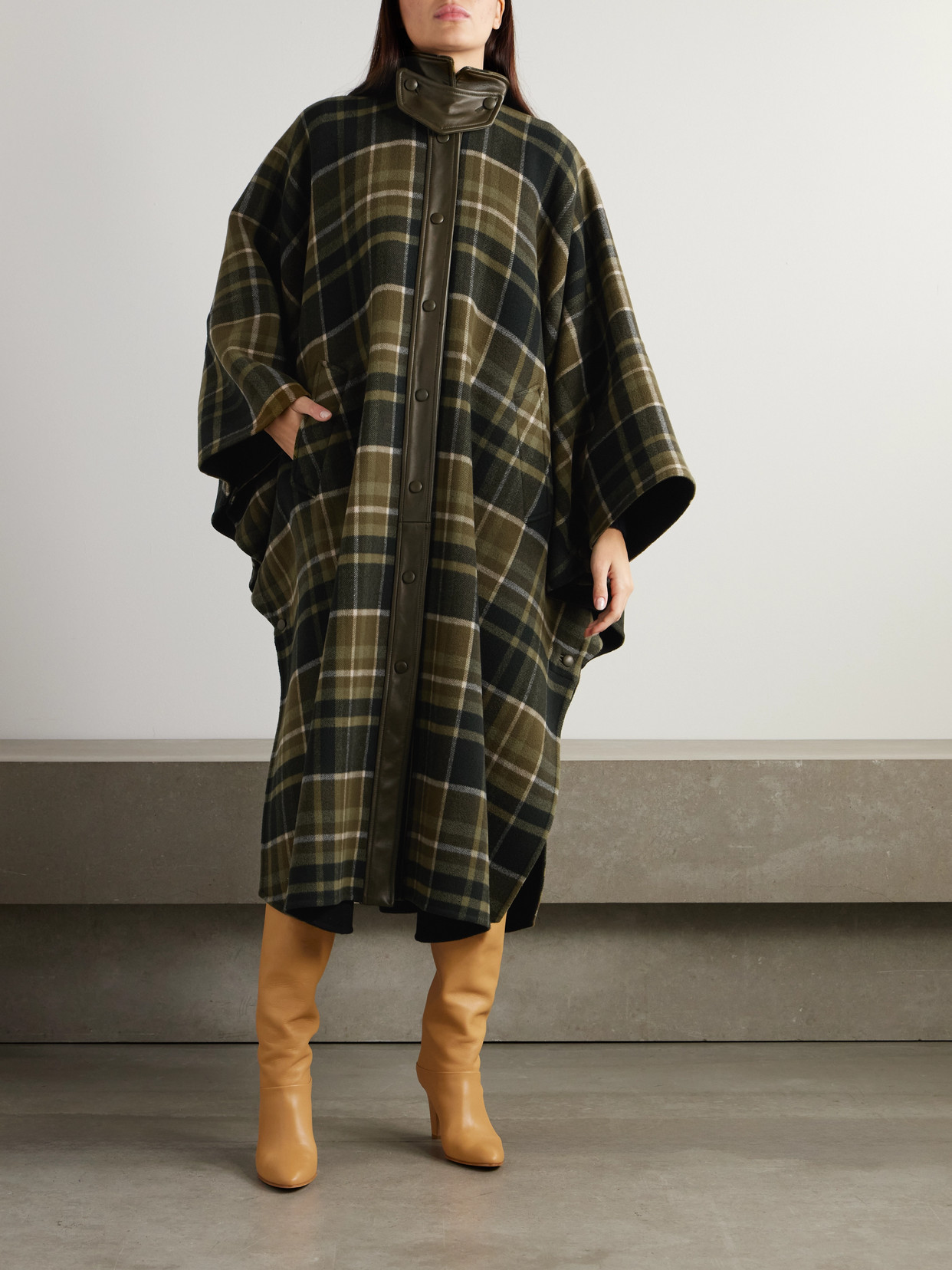 Chloé Oversized Leather-trimmed Checked Wool-blend Flannel Coat In Green