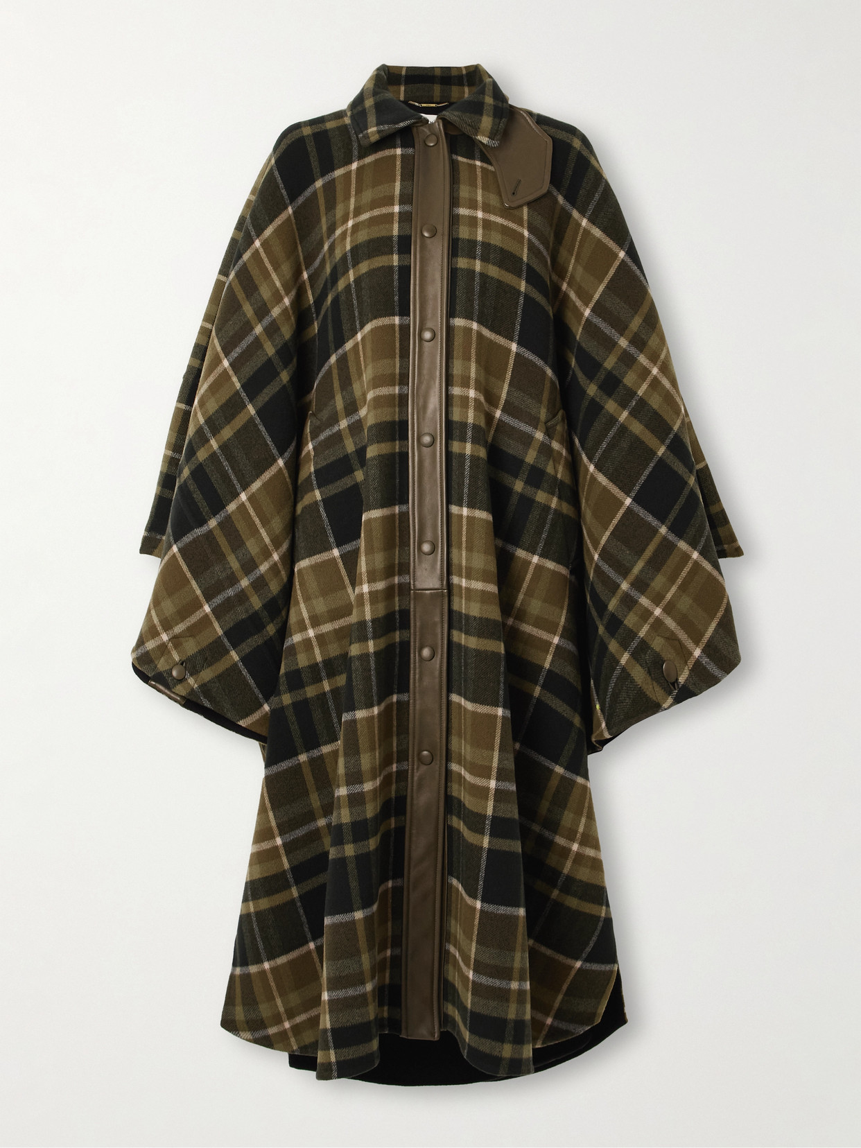 Chloé Oversized Leather-trimmed Checked Wool-blend Flannel Coat In Green