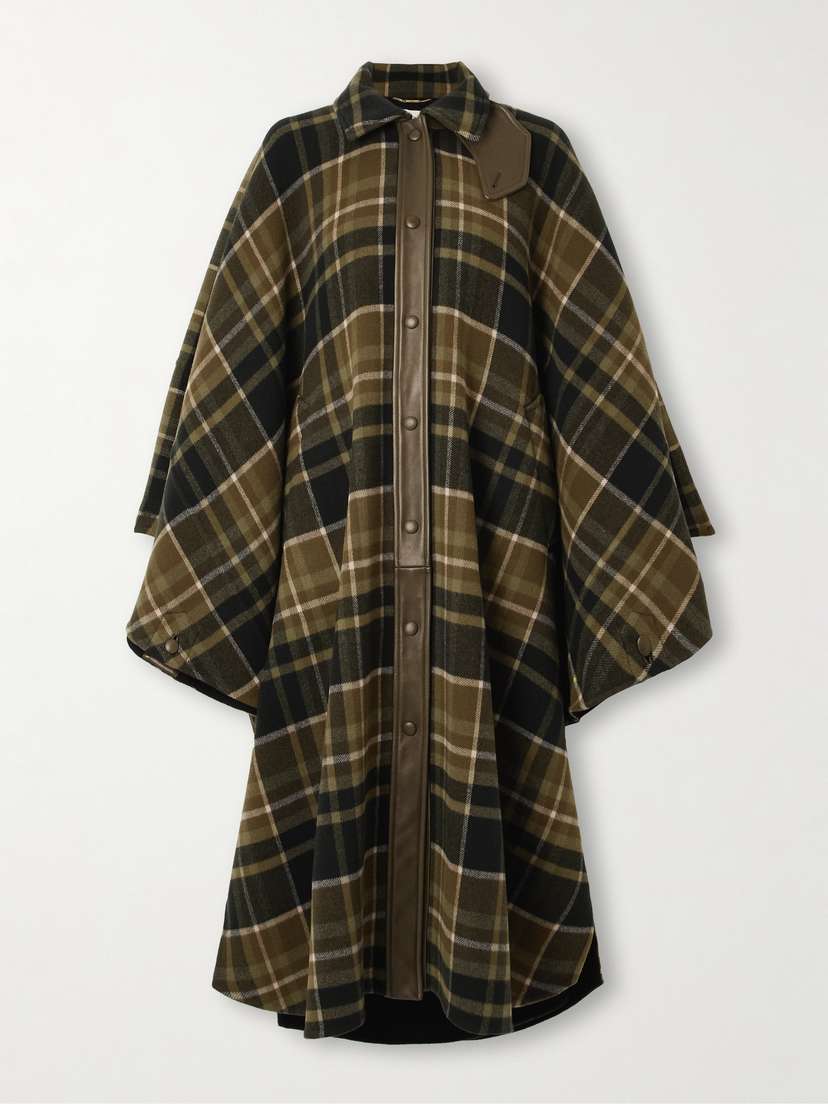 Chloé Oversized Leather-trimmed Checked Wool-blend Flannel Coat