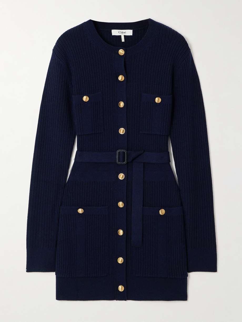 belted ribbed wool-blend mini dress