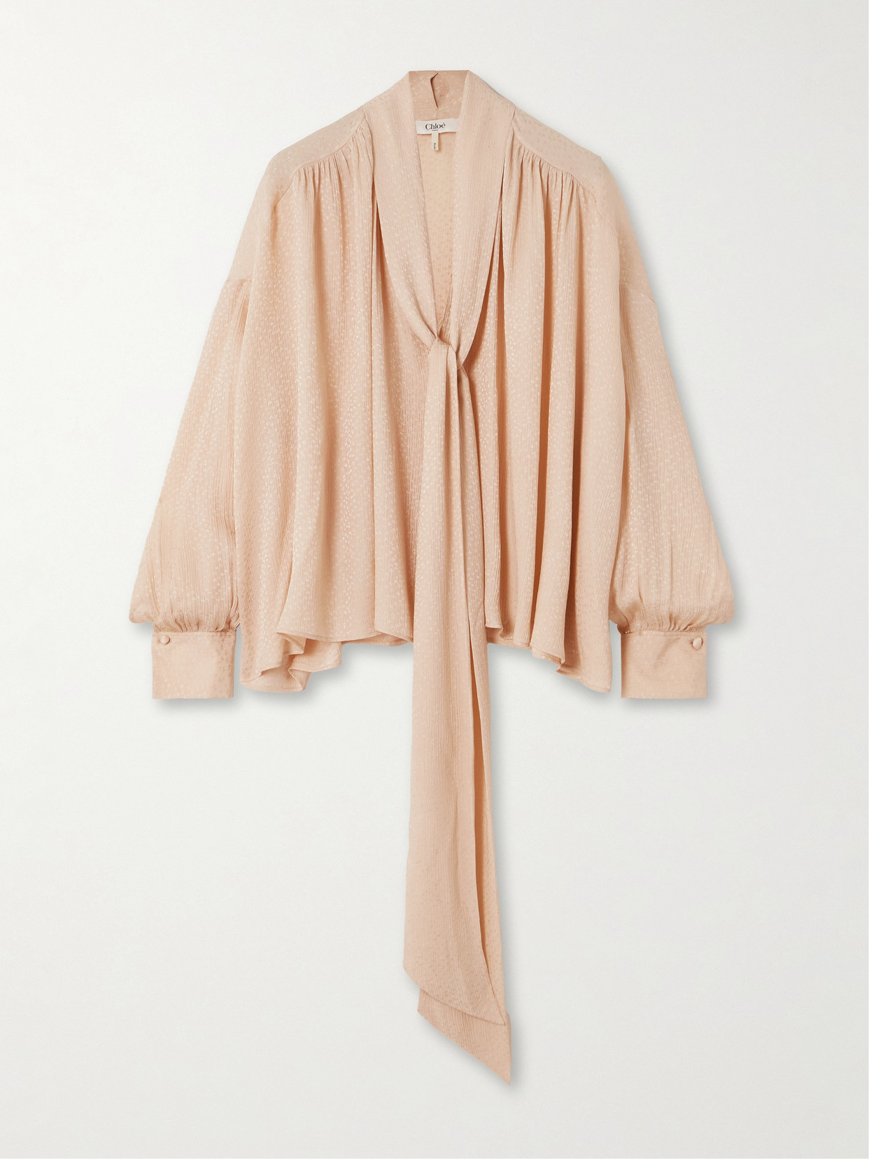Chloé Tie-detailed Gathered Silk-blend Jacquard Blouse In Pink