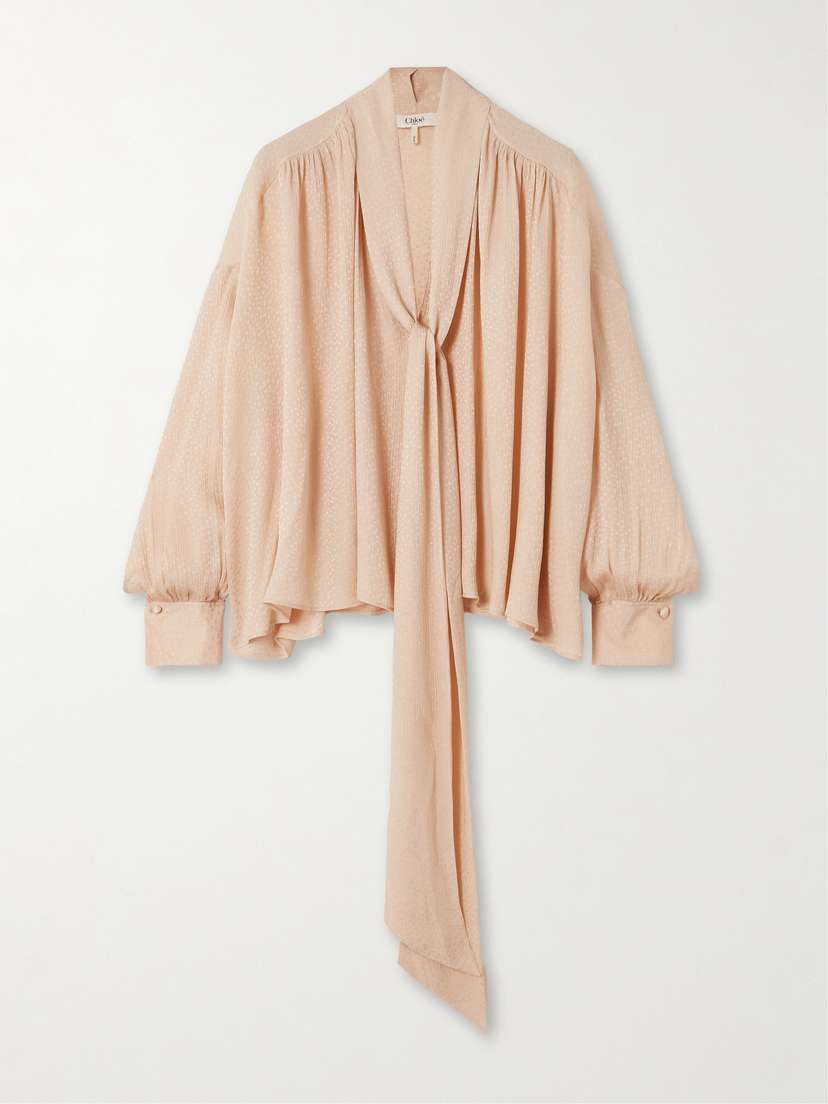 Chloé Tie-detailed Gathered Silk-blend Jacquard Blouse