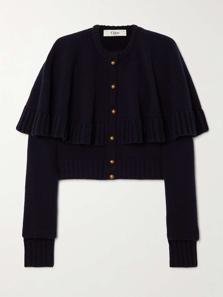 For her debut collection at Chloé', newly appointed Creative Director Chemena Kamali fully embraces the label's signature boho energy. This cardigan is knitted from wool and cashmere-blend and has a cape-effect overlay with ribbed trims. Match your jewelry to the gold-tone buttons.