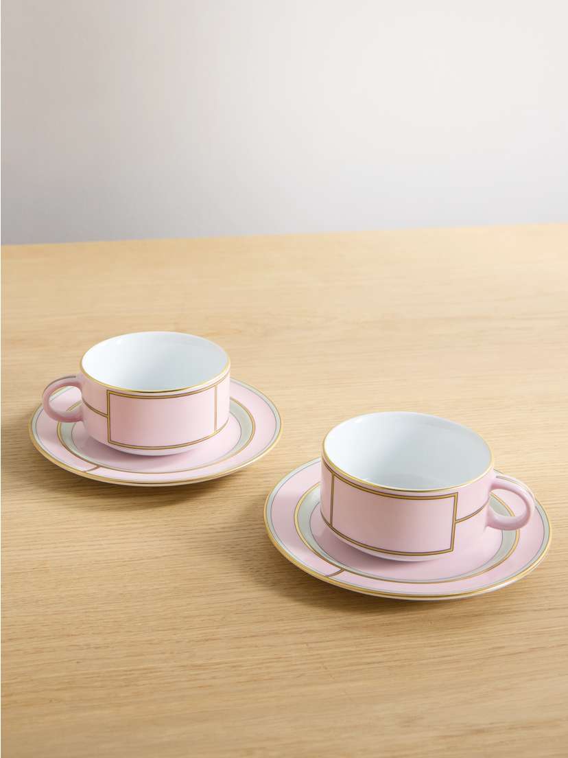 GINORI 1735 Set Of Two Gold-plated Porcelain Tea Cups And Plates