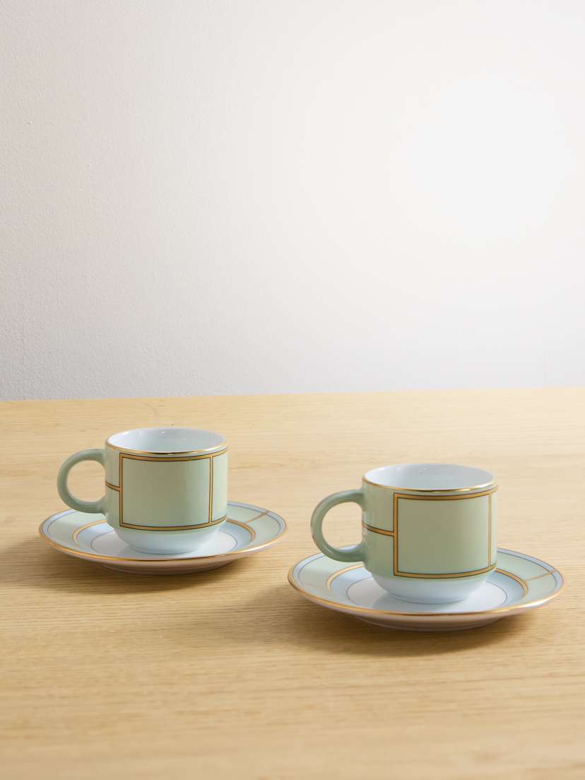 GINORI 1735 Set Of Two Gold-plated Porcelain Tea Cups And Plates