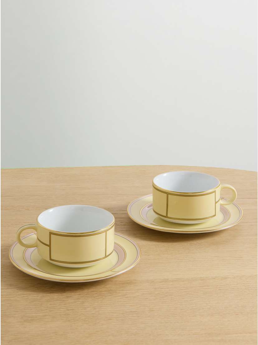 GINORI 1735 Set Of Two Gold-plated Porcelain Tea Cups And Saucers