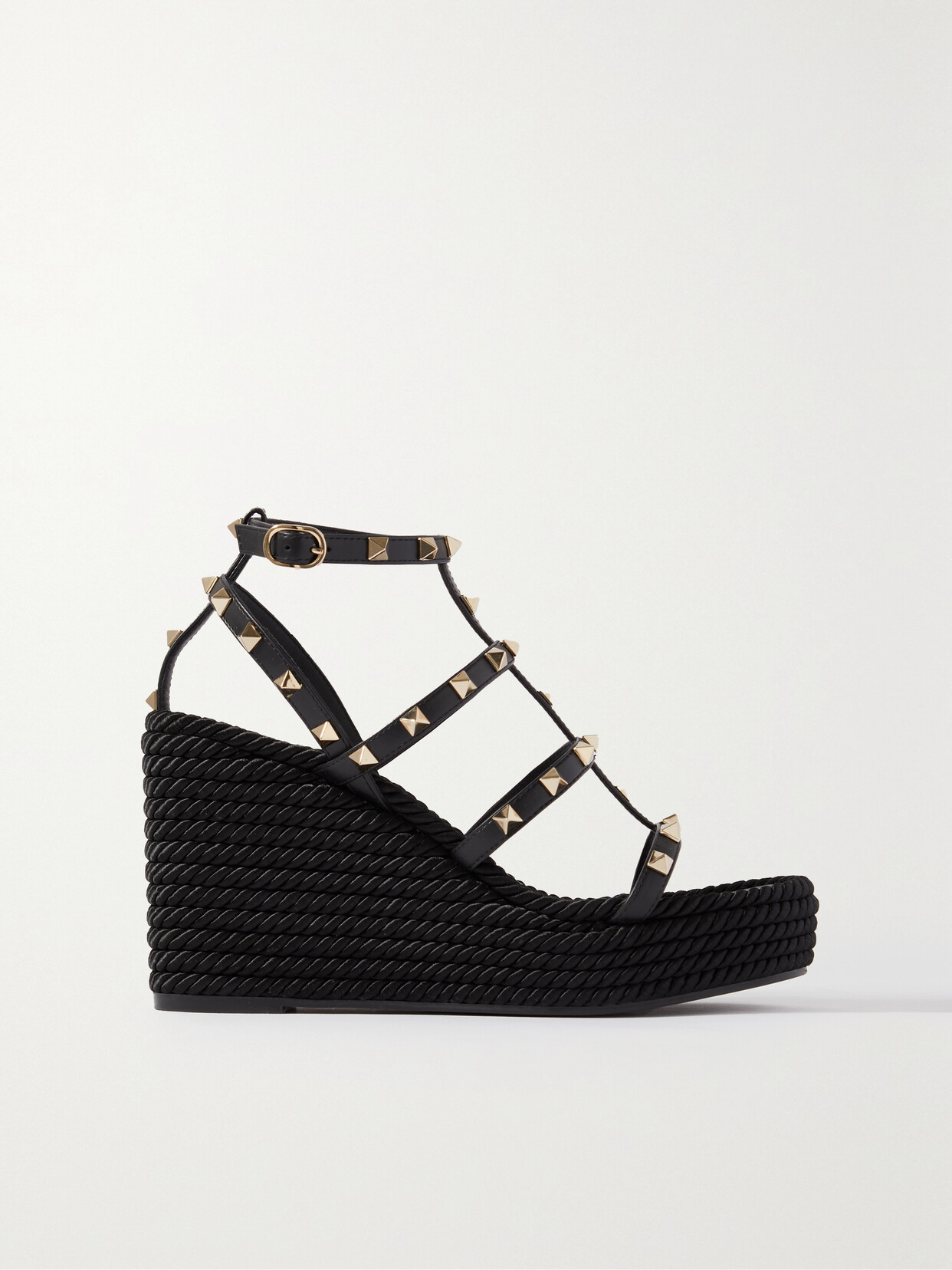 Valentino Rockstud Ankle Strap Wedge Sandal In Calfskin Leather 95 Mm In Black