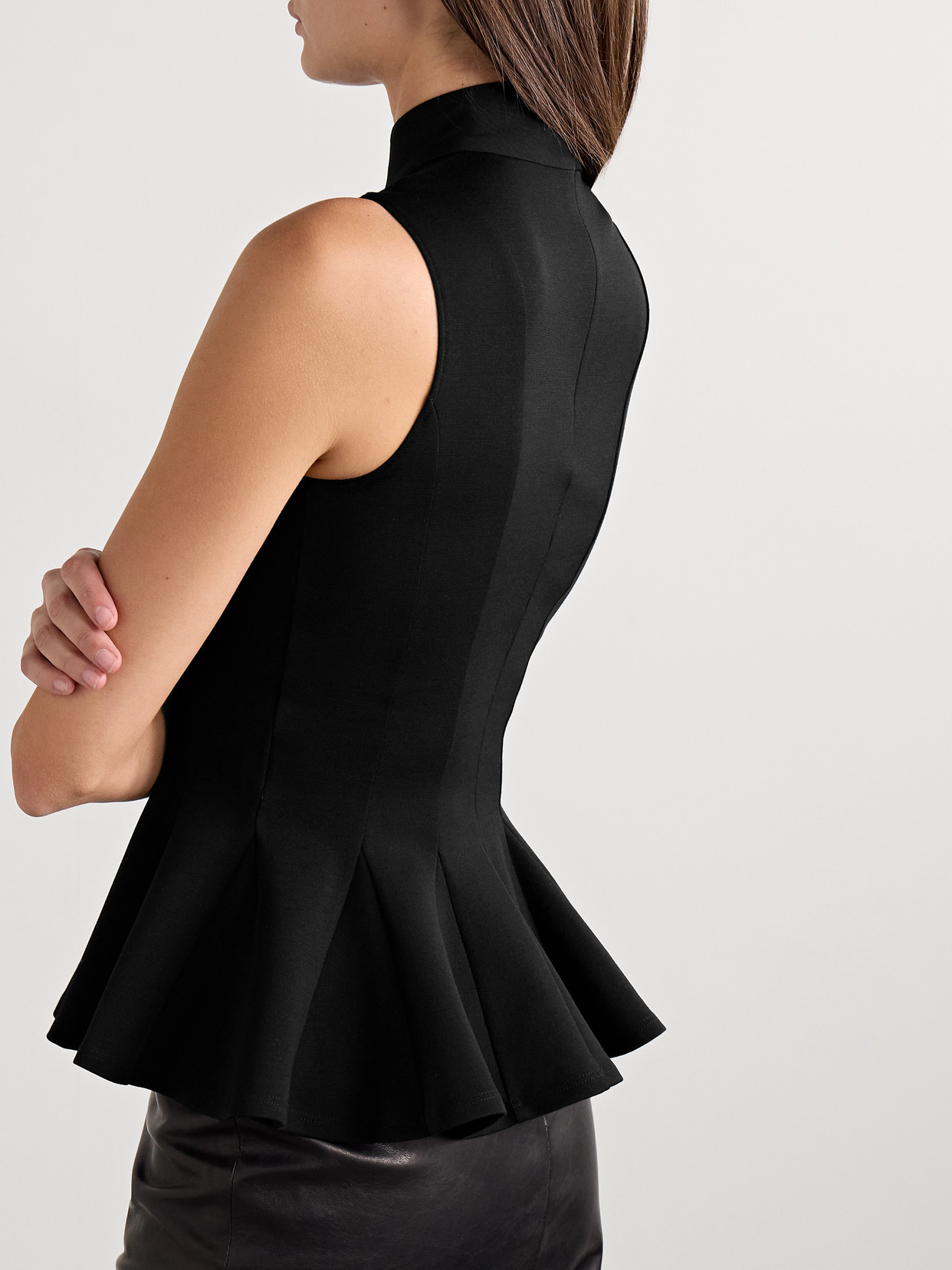 Salon 1884 Ismay Paneled Wool-blend Peplum Turtleneck Top In Black