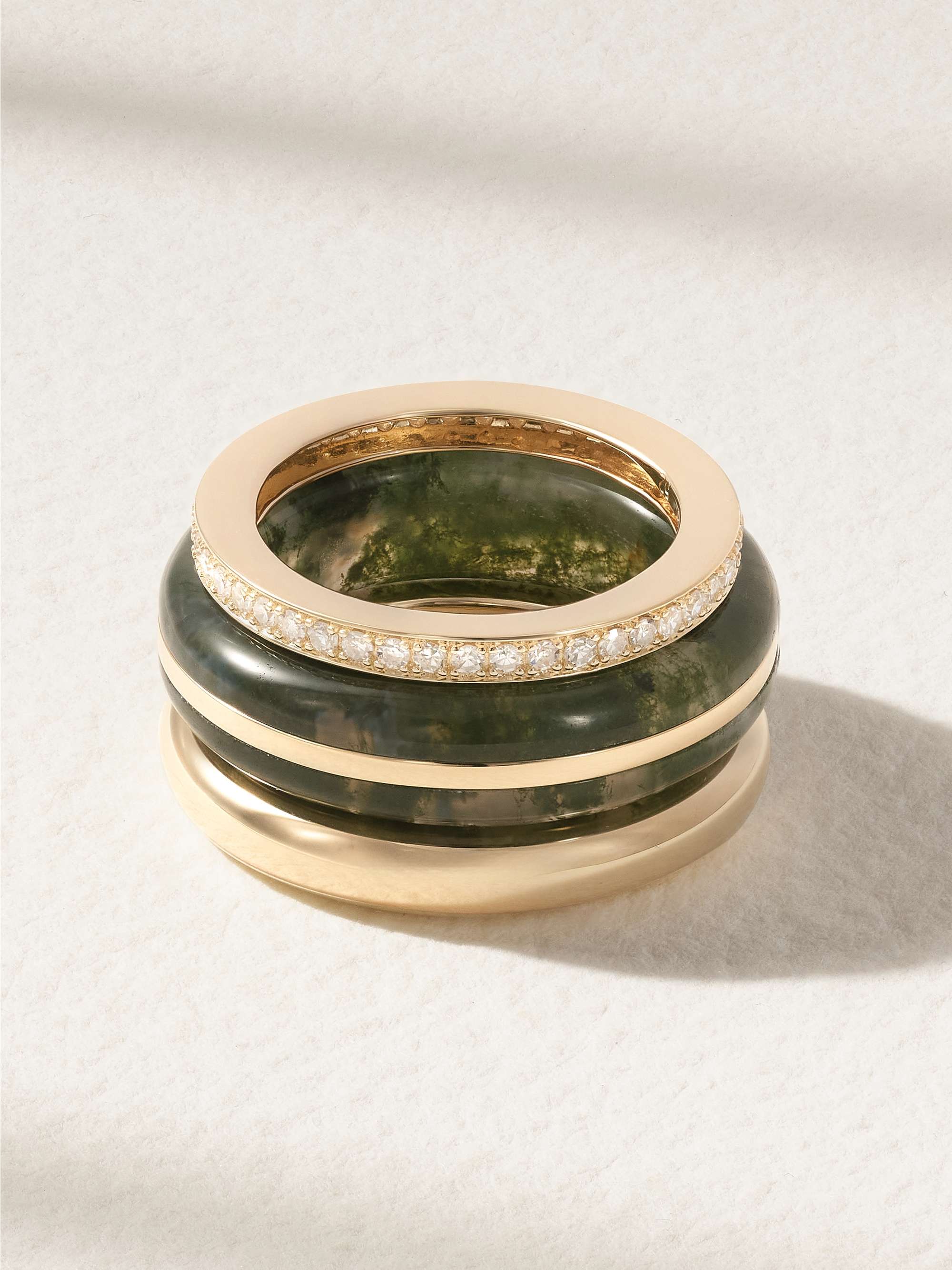 The Albert, Essential Stacking and Triple Eternity set of three 14-karat recycled gold, agate and diamond rings - green - One Size