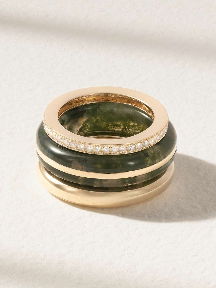 By Pariah The Albert, Essential Stacking And Triple Eternity Set Of Three 14-karat Recycled Gold, Agate And Diamond Rings