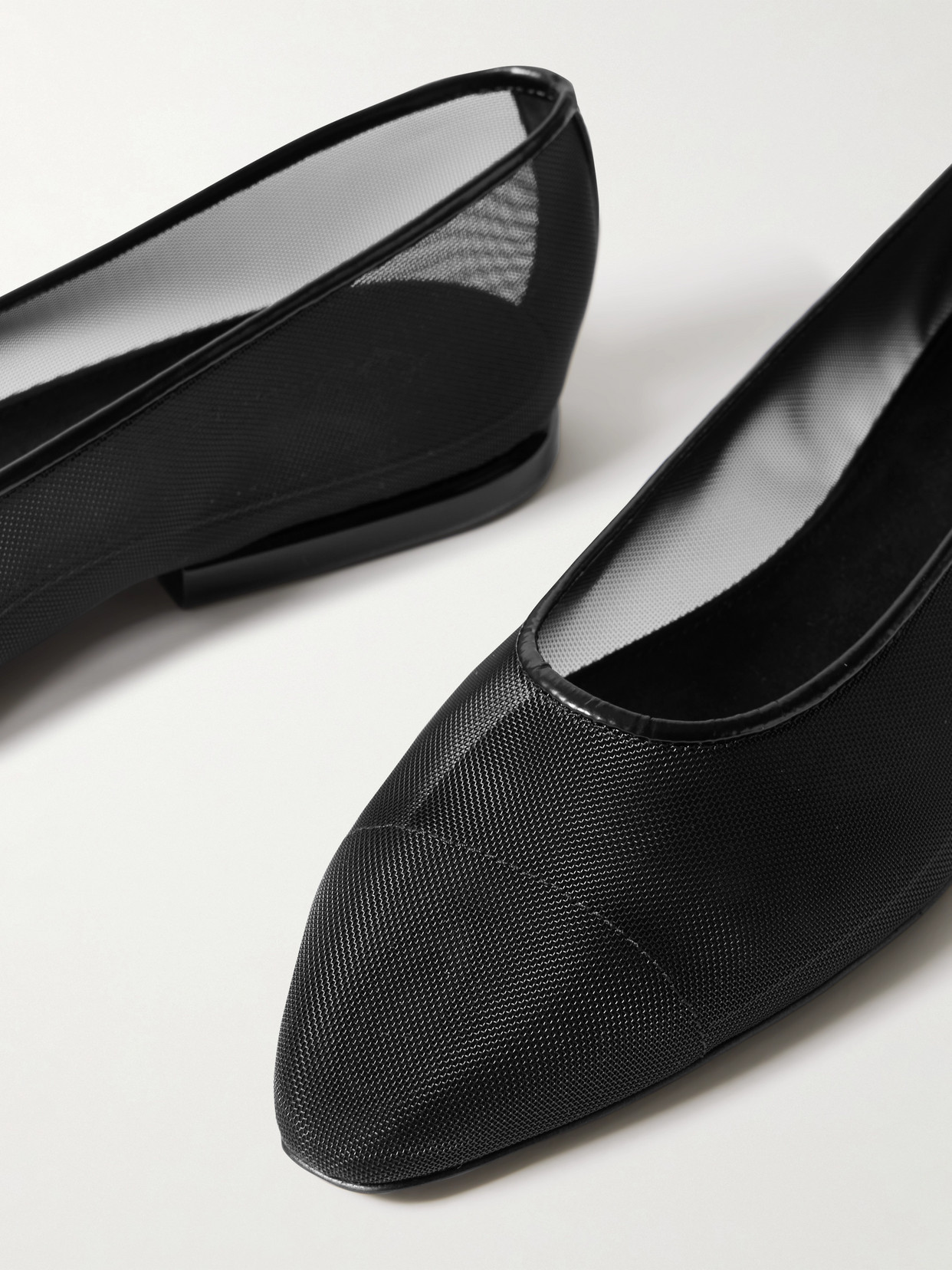 Loro Piana Primula Leather-trimmed Mesh Point-toe Flats In Black