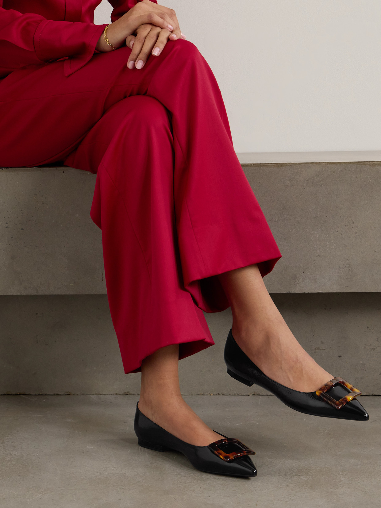 Gommettine Buckled Glossed Crinkled-Leather Ballet Flats