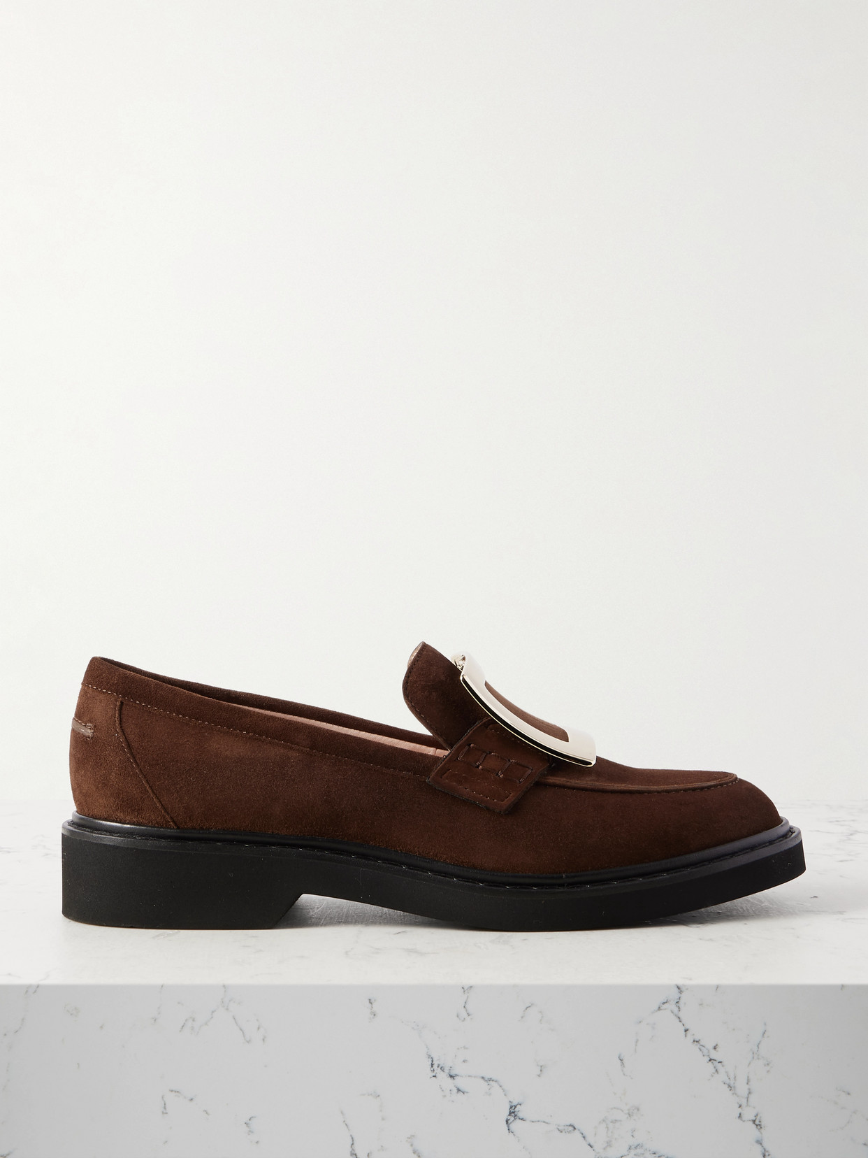 Roger Vivier Viv Rangers Buckled Suede Loafers In Brown