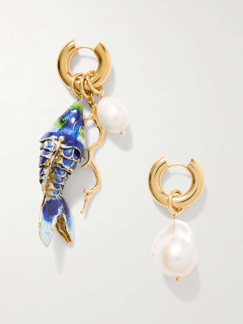 Martha Calvo Barrier Gold-plated, Pearl And Enamel Hoop Earrings