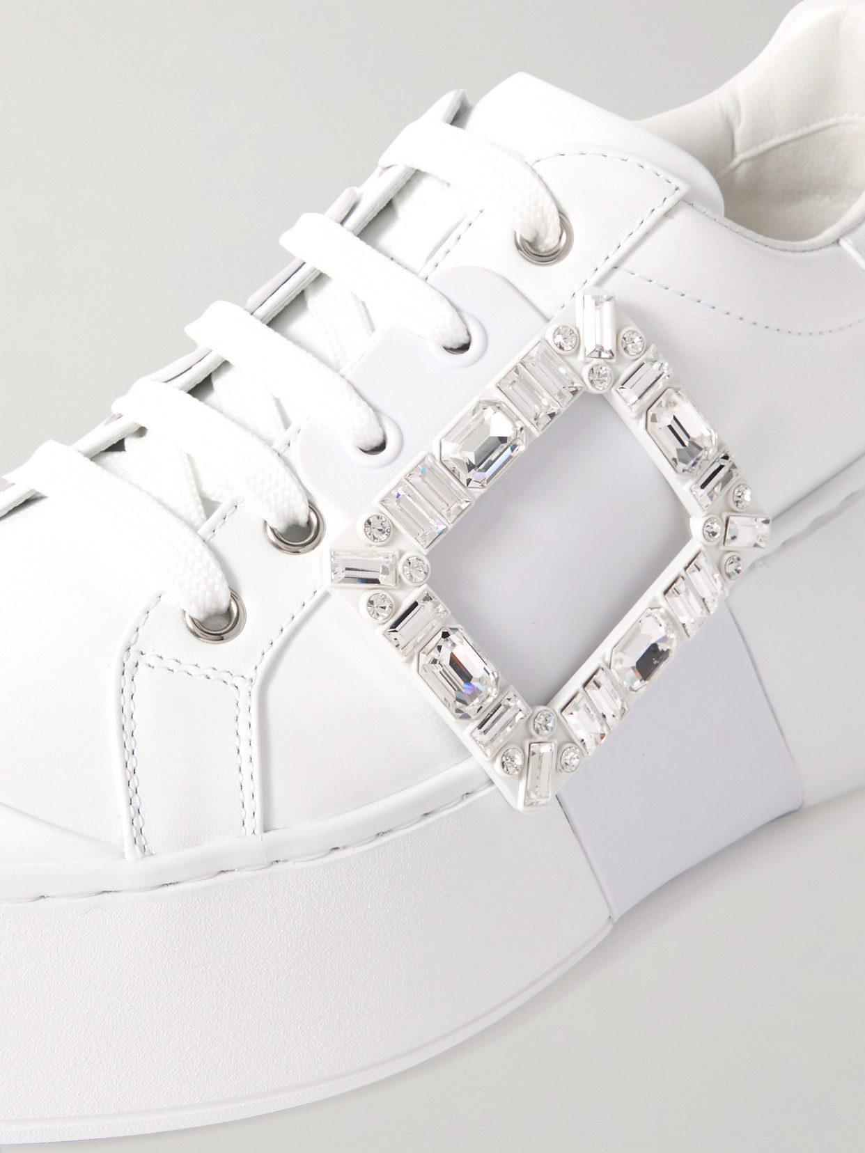 Roger Vivier Viv Skate Crystal-embellished Rubber-trimmed Leather Sneakers In White