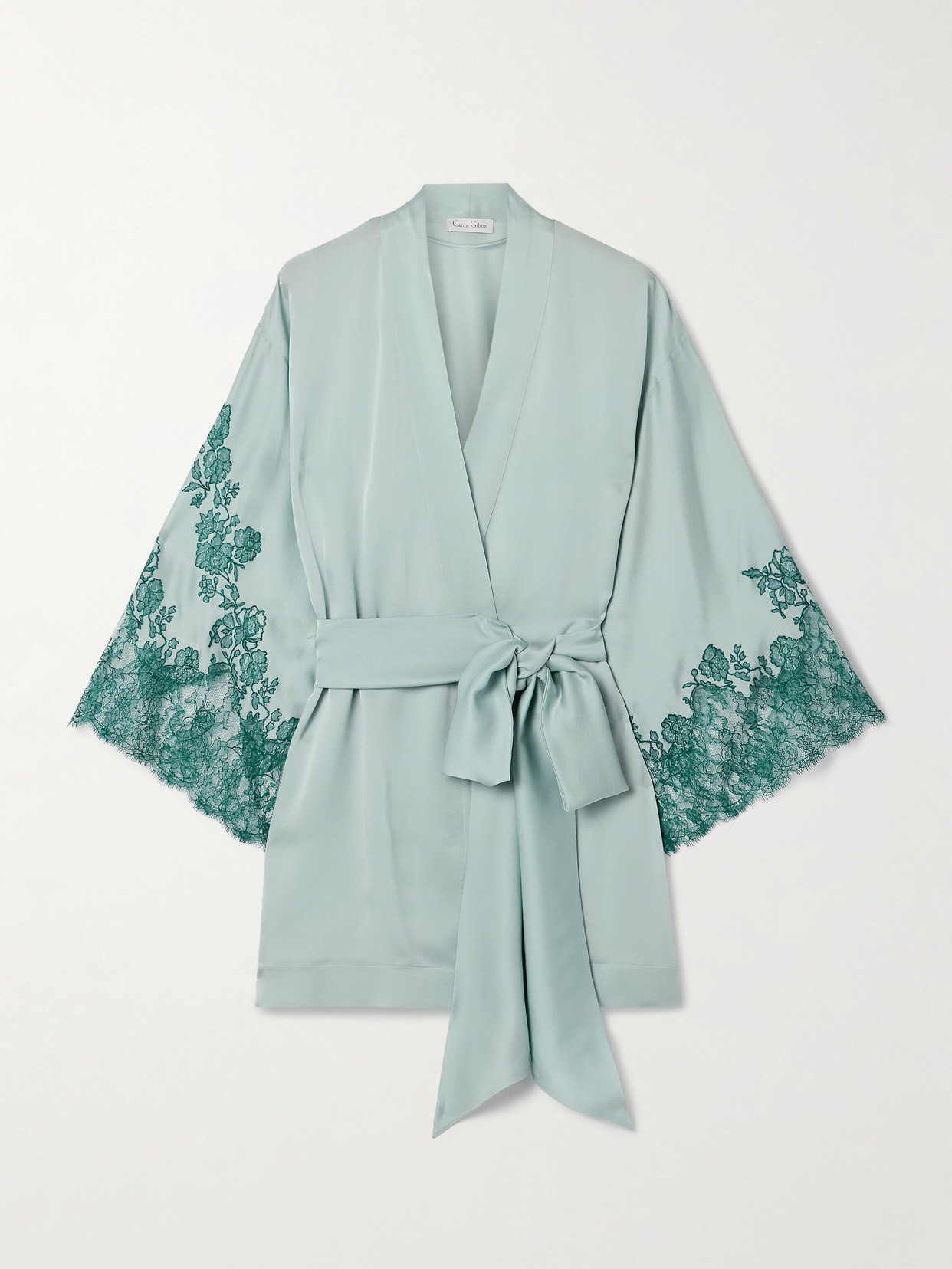 Carine Gilson - Belted Chantilly Lace-trimmed Silk Crepe De Chine Robe - Green