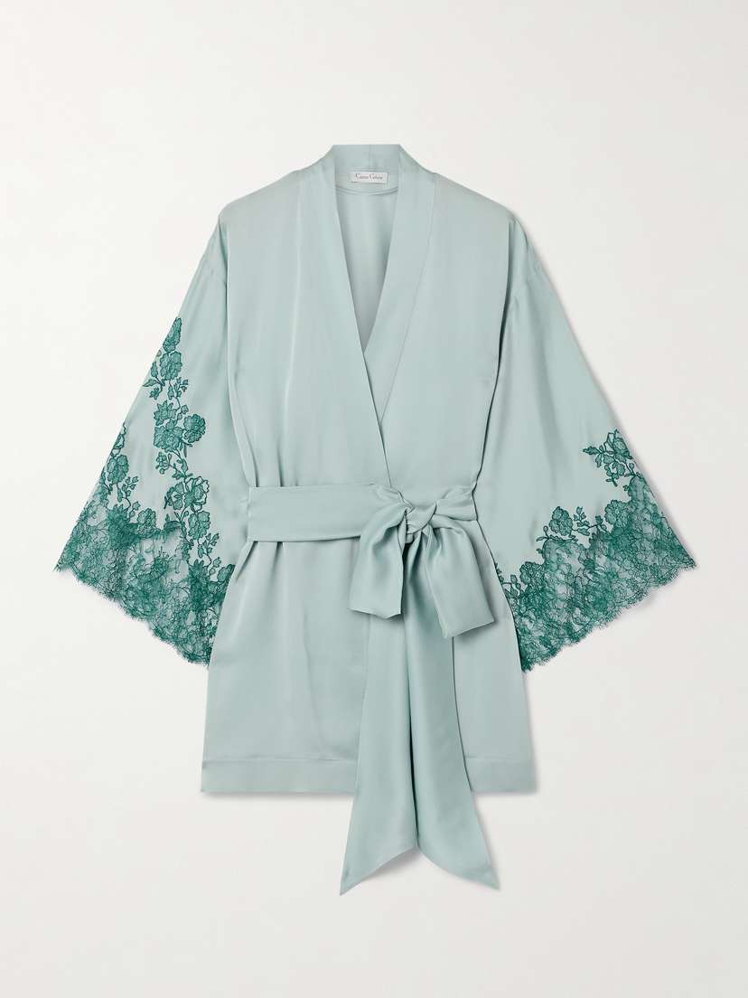 Carine Gilson Belted Chantilly Lace-trimmed Silk Crepe De Chine Robe