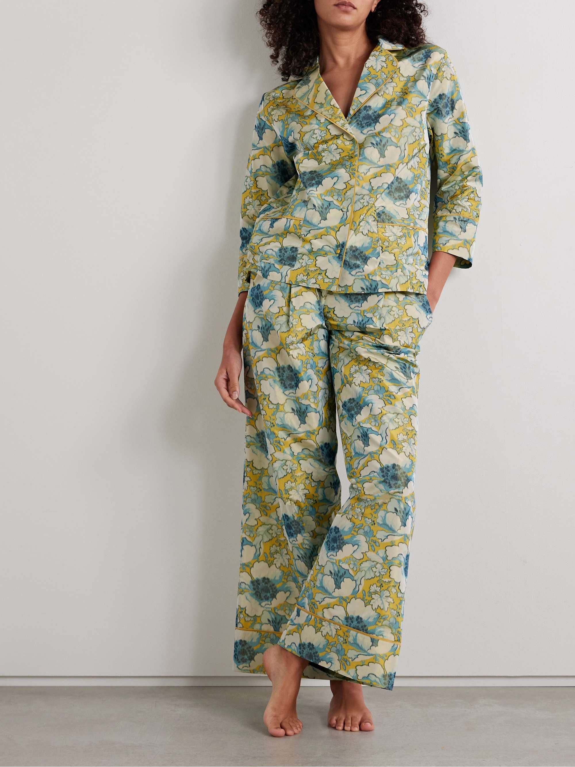 Floral print duchesse silk satin pajama set blue medium